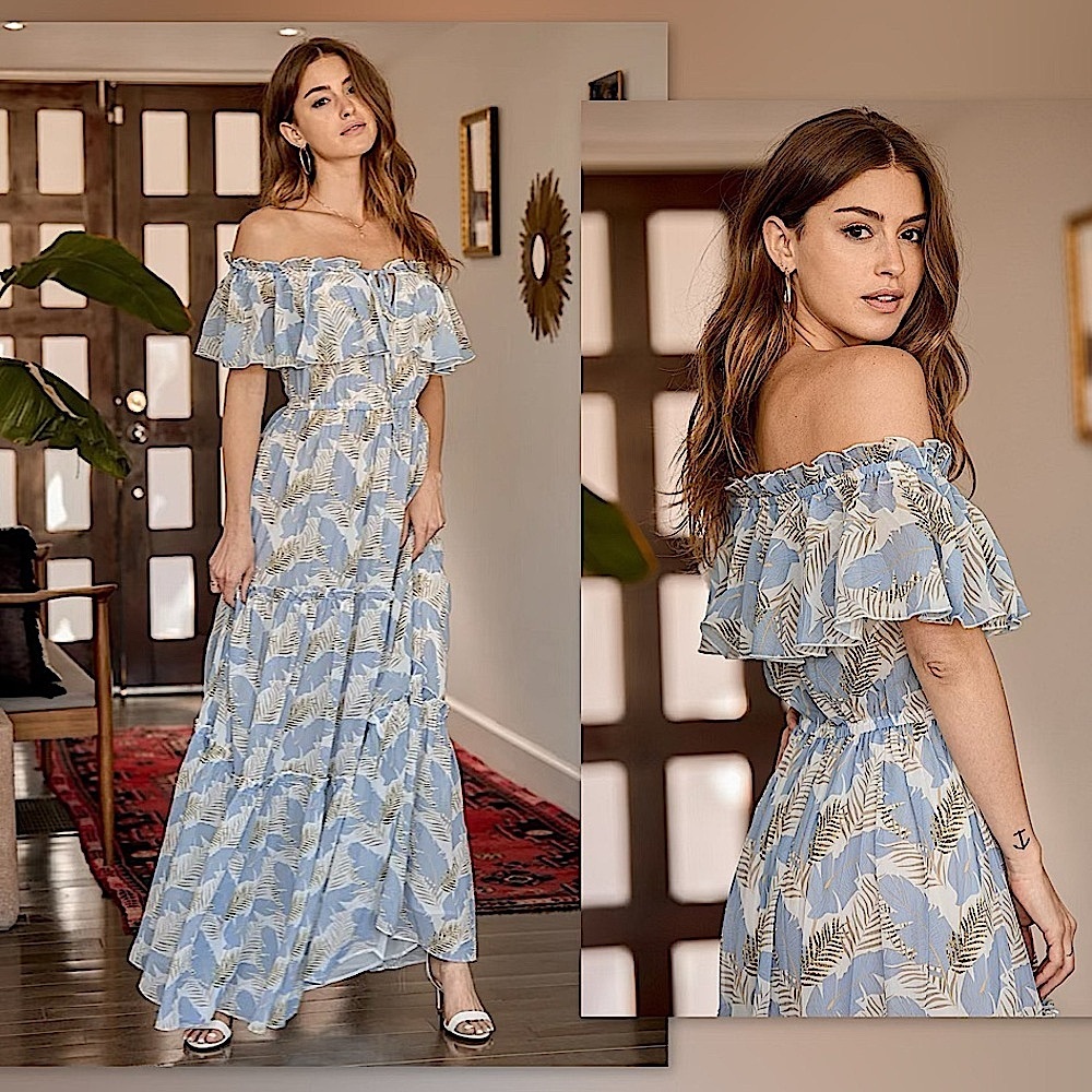 🪽Lulus Sway in the Breeze Blue & White Leaf Print Off-the-Shoulder Maxi Dress